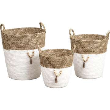 Set de 3 Coșuri Rotunde Pentru Rufe din Iarbă de Mare și Hârtie cu Decor - Natural/Alb - ramosdecor