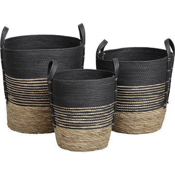 Set de 3 Coșuri Rotunde din Iarbă de Mare și Hârtie - Natural/Negru - ramosdecor