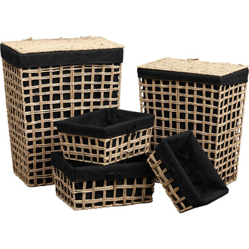Set de 5 Coșuri din Hârtie Împletită cu Linii Deschise și Rectangulare - Natural/Țesătură Neagră - ramosdecor