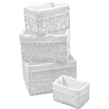 Set de 4 Coșuri din Hârtie - Alb/Alb cu Țesătură - ramosdecor