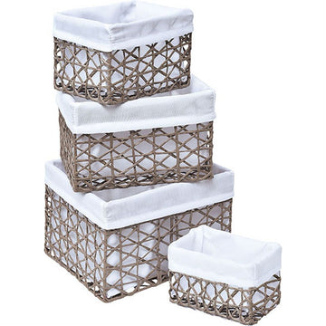 Set de 4 Coșuri din Hârtie - Taupe/Alb cu Țesătură - ramosdecor