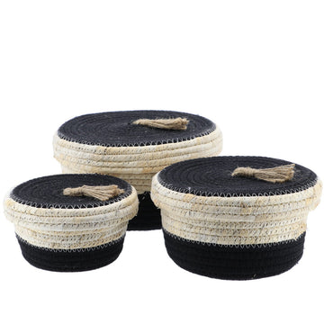 Set de 3 Coșuri din Bumbac și Frunze de Porumb - Natural/Negru - ramosdecor