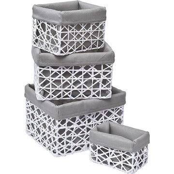 Set de 4 Coșuri din Hârtie - Alb/Gri cu Țesătură - ramosdecor