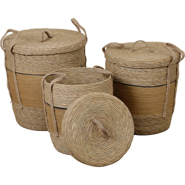 Set de 3 Coșuri Pentru Rufe cu Capac din Hârtie și Paie - Ochre/Negru - ramosdecor