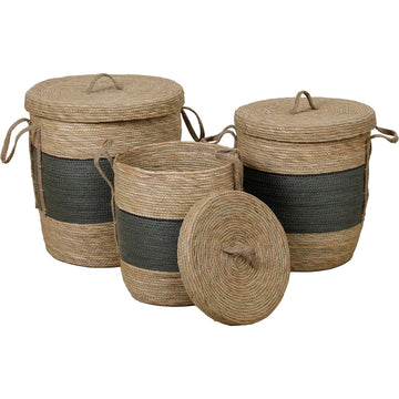 Set de 3 Coșuri Pentru Rufe cu Capac din Hârtie și Paie - Khaki/Negru - ramosdecor