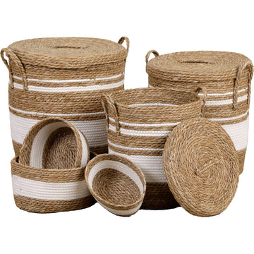 Set de 3 Coșuri Pentru Rufe cu Capac din Paie și Bumbac - Natural/Alb - ramosdecor