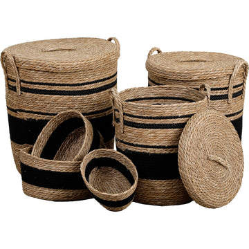 Set de 3 Coșuri Pentru Rufe cu Capac din Paie și Bumbac - Natural/Negru - ramosdecor