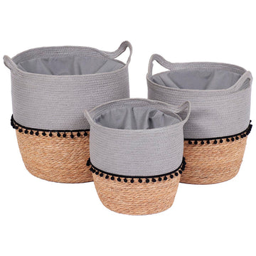 Set de 3 Coșuri din Paie și Hârtie cu Mânere și Pomponi - Gri/Natural - ramosdecor