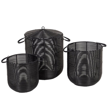 Set de 3 Coșuri Rotunde Pentru Rufe din Polietilenă Reciclat cu Efect Ratan - Negru - ramosdecor
