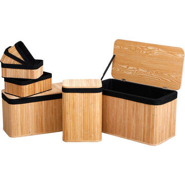 Set de 2 cofrete și 5 coșuri din bambus - Bambus/Tesătură neagră din in - ramosdecor
