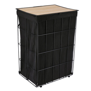 Coș Pliabil din Metal Pentru Rufe cu Capac din Bambus - Negru - ramosdecor