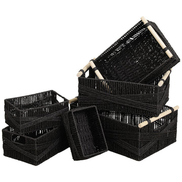 Set de 6 Coșuri din Hârtie cu Mânere din Lemn - Negru - ramosdecor