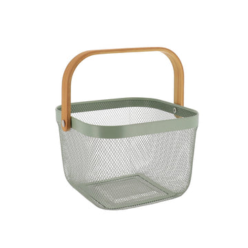 Coș de Depozitare Pătrat din Metal cu Mâner din Bambus - Khaki - ramosdecor