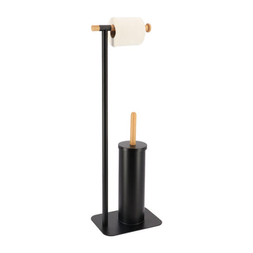 Perie de toaletă și dispenser pentru hârtie igienică din metal și bambus - negru/bambus. - ramosdecor