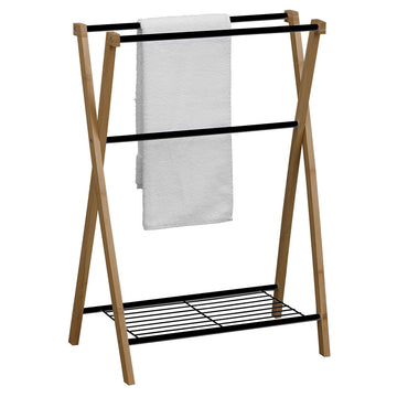 Suport pentru prosoape din bambus și metal cu 3 bare și 1 raft - Negru/Bambus - ramosdecor