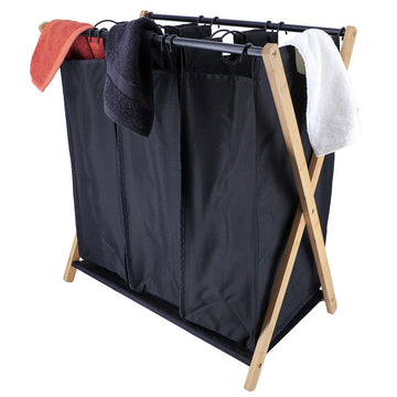 Coșuri de rufe cu 3 compartimente din poliester, cu structură din bambus/metal - Negru/Bambus - ramosdecor