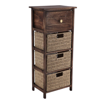 Mobilier din Paulownia/MDF cu 1 Sertar, Buton Negru și 3 Coșuri din Hârtie - Maro/Natural - ramosdecor