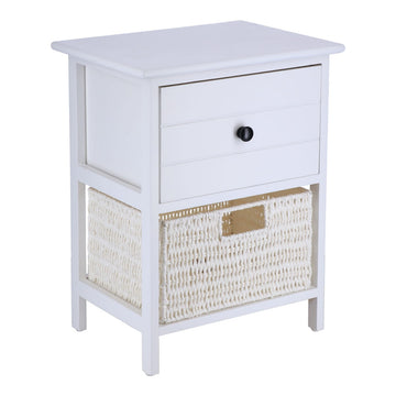 Mobilier mic din Paulownia/MDF cu 1 Sertar, Buton Negru și 1 Coș din Hârtie - Alb - ramosdecor