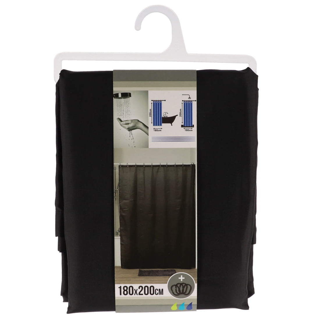 Perdea Duș Poliester 180x200 Cm + 12 Inele PP Perdea - Negru - ramosdecor
