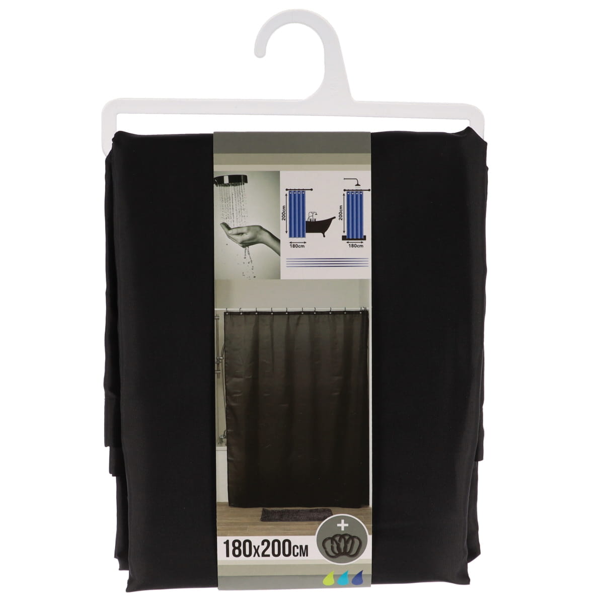 Perdea Duș Poliester 180x200 Cm + 12 Inele PP Perdea - Negru - ramosdecor