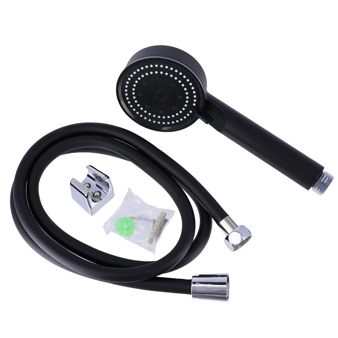 Kit duș de mână 5 funcții + furtun flexibil PVC 150 cm + suport - Negru Mat - ramosdecor