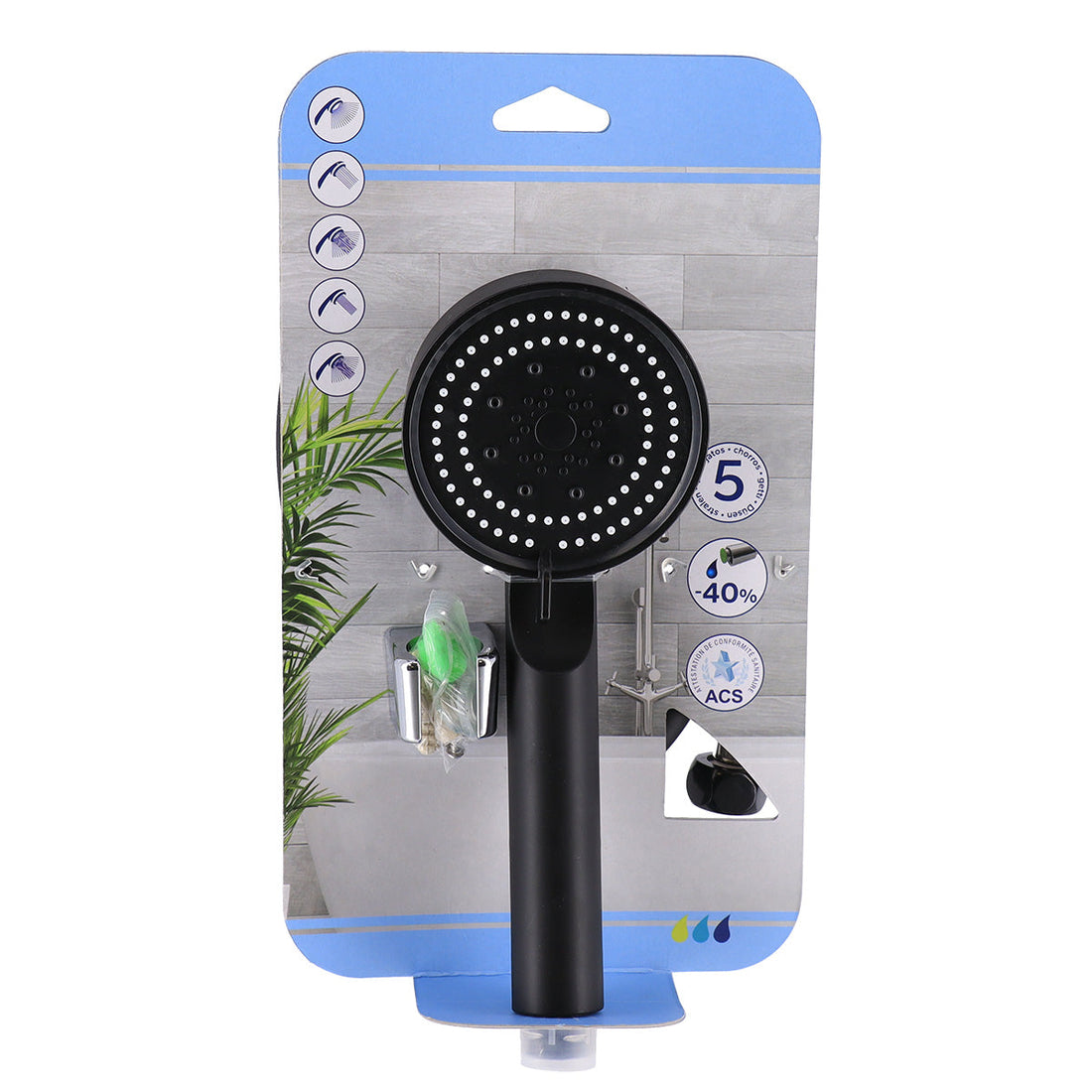 Kit duș de mână 5 funcții + furtun flexibil PVC 150 cm + suport - Negru Mat - ramosdecor