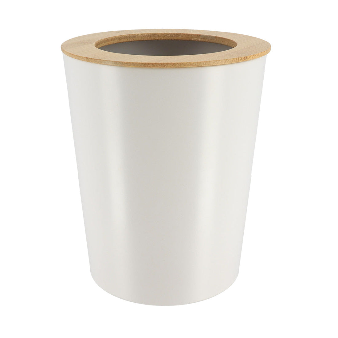 Coș De Gunoi Metalic Conic Cu Capac Din Bambus 5L- Alb/ Bambus - ramosdecor