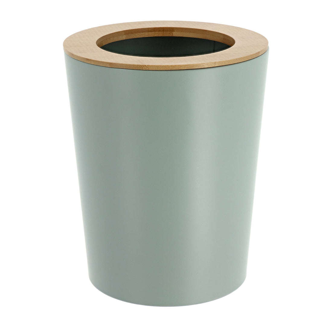 Coș De Gunoi Metalic Conic Cu Capac Din Bambus 5L- Verde Eucaliptus/ Bambus - ramosdecor