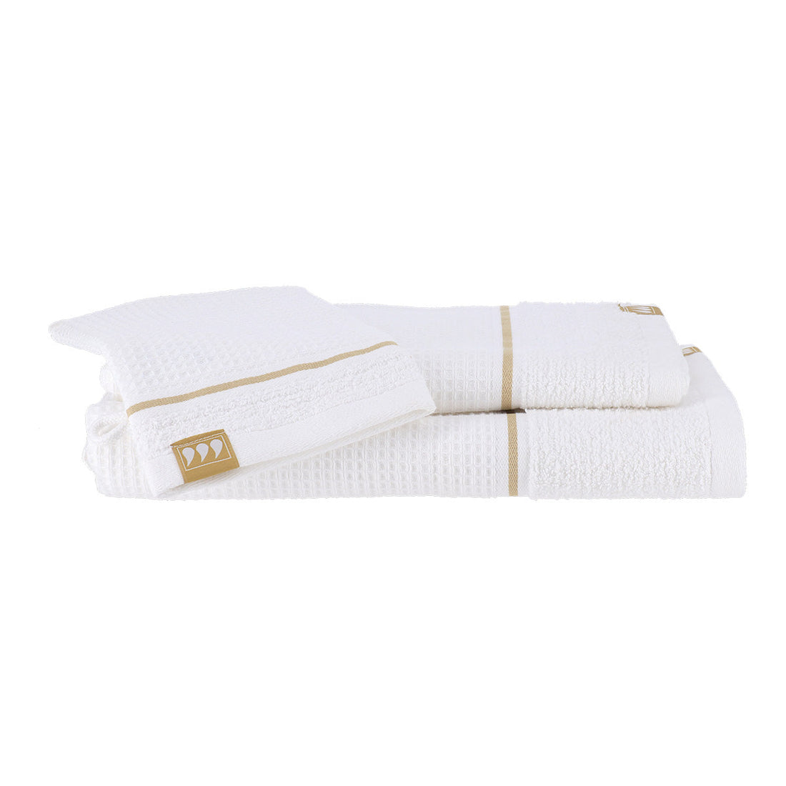 Set de 3 Piese din 100% Bumbac: 1 Mănușă / 1 Prosop de Toaletă 50x90 cm / 1 Prosop de Toaletă 70x130 cm - Alb/Auriu - ramosdecor