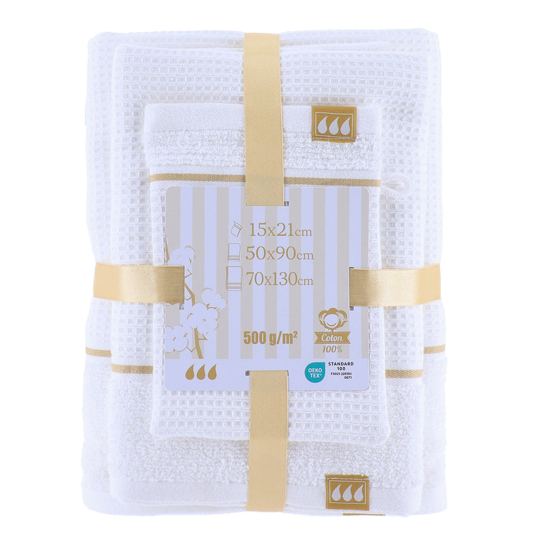 Set de 3 Piese din 100% Bumbac: 1 Mănușă / 1 Prosop de Toaletă 50x90 cm / 1 Prosop de Toaletă 70x130 cm - Alb/Auriu - ramosdecor