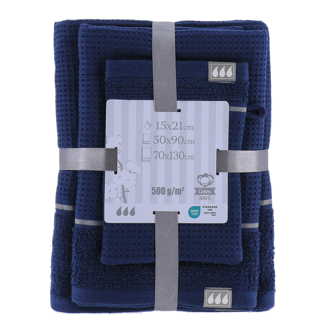 Set de 3 Piese din 100% Bumbac: 1 Mănușă / 1 Prosop de Toaletă 50x90 cm / 1 Prosop de Toaletă 70x130 cm - Bleumarin/Argintiu - ramosdecor