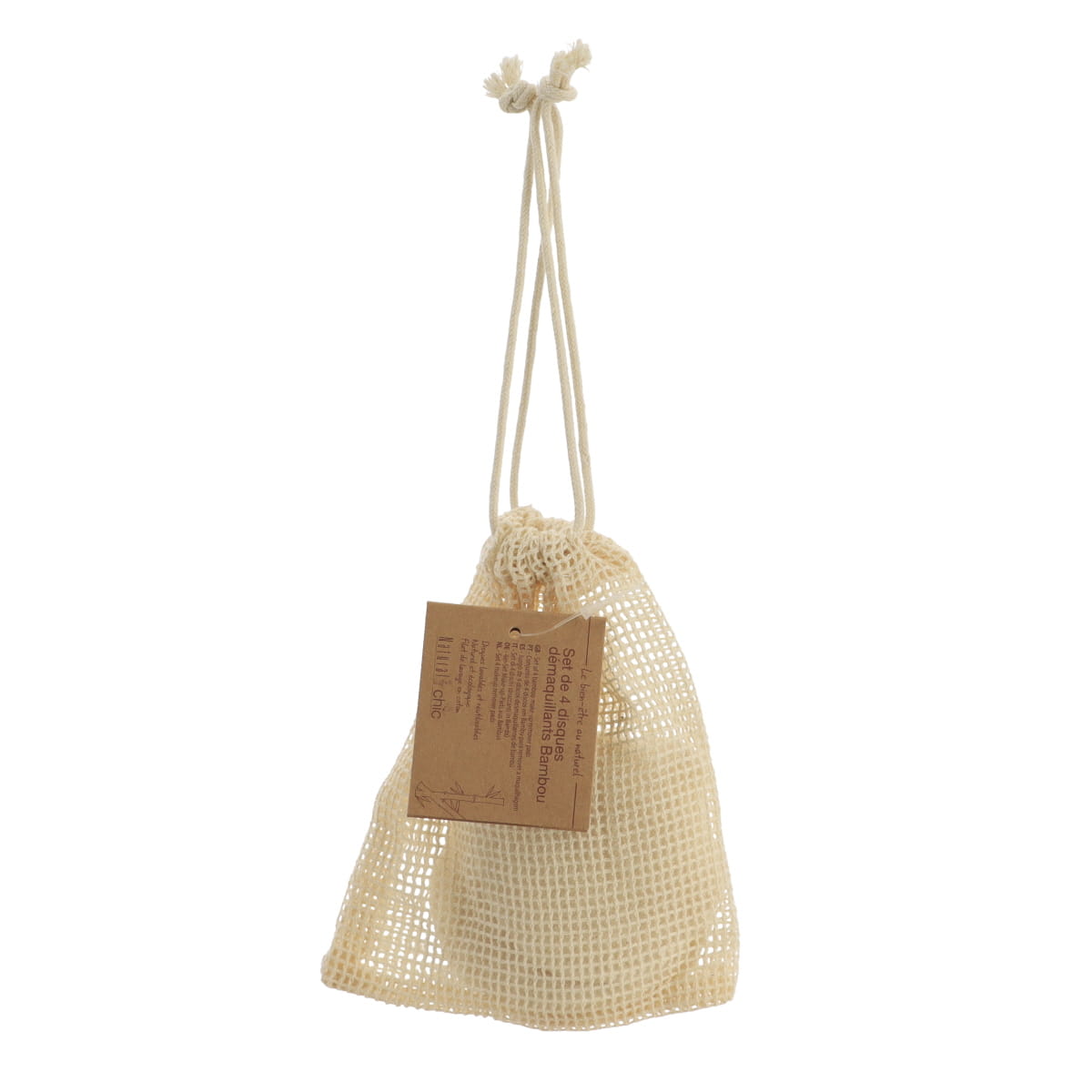 Set de 4 Dischete de Curățare Rotunde din Bambus cu Sacoșă din Bumbac - Natural - ramosdecor