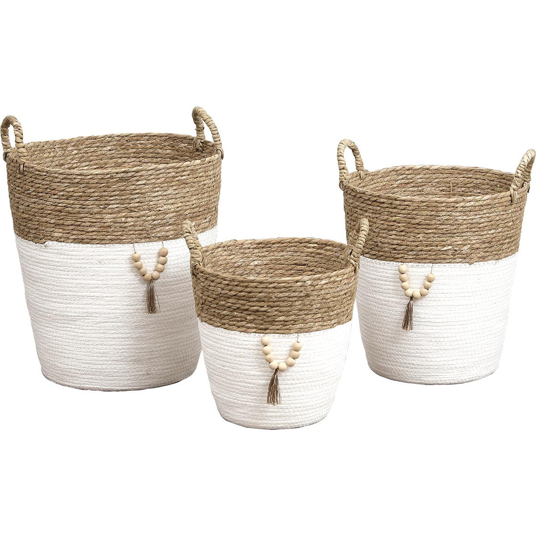 Set de 3 Coșuri Rotunde Pentru Rufe din Iarbă de Mare și Hârtie cu Decor - Natural/Alb - ramosdecor