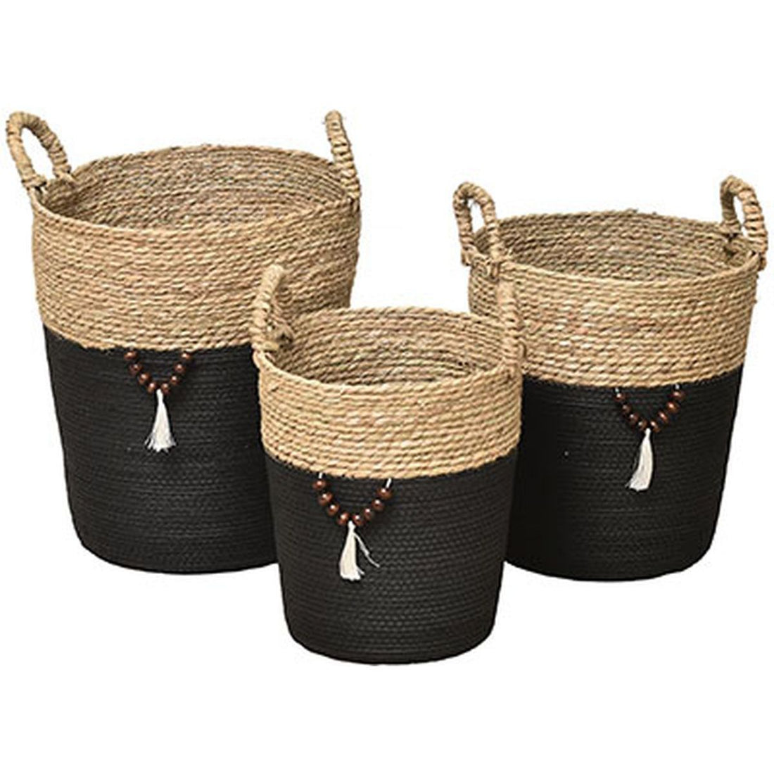 Set de 3 Coșuri Rotunde Pentru Rufe din Iarbă de Mare și Hârtie cu Decor - Natural/Negru - ramosdecor