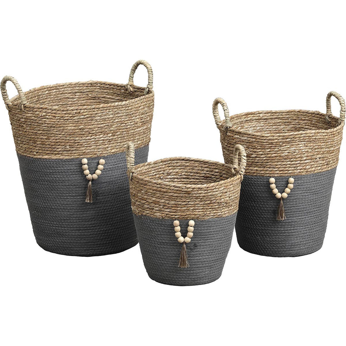 Set de 3 Coșuri Rotunde Pentru Rufe din Iarbă de Mare și Hârtie cu Decor - Natural/Gri - ramosdecor