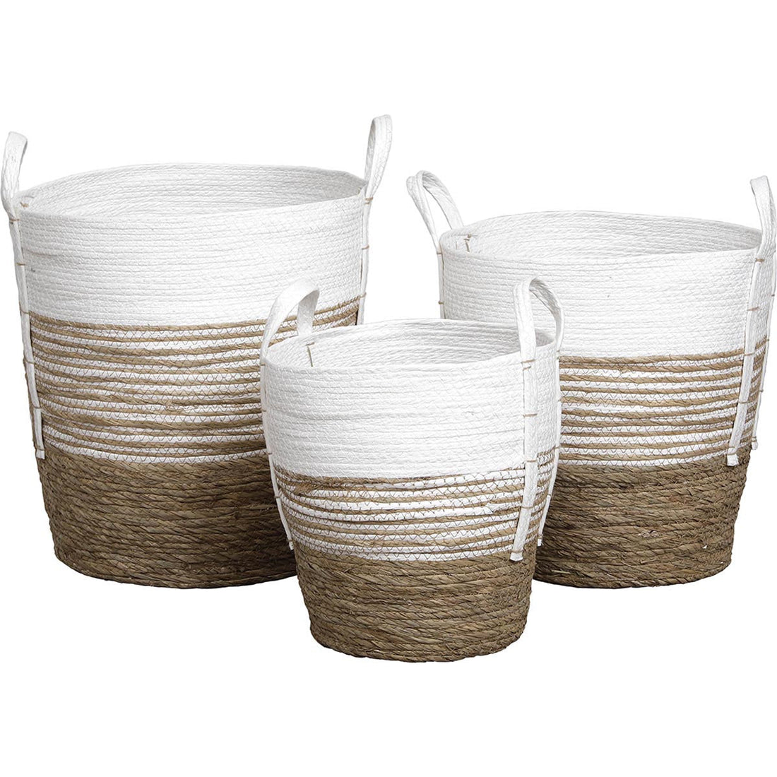 Set de 3 Coșuri Rotunde din Iarbă de Mare și Hârtie - Natural/Alb - ramosdecor