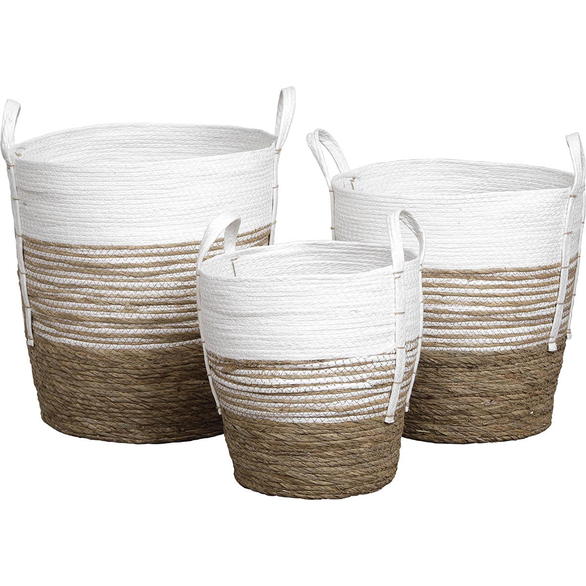 Set de 3 Coșuri Rotunde din Iarbă de Mare și Hârtie - Natural/Alb - ramosdecor