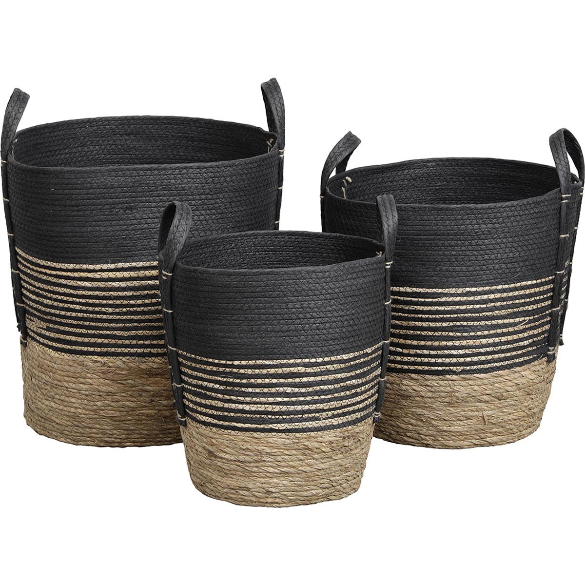 Set de 3 Coșuri Rotunde din Iarbă de Mare și Hârtie - Natural/Negru - ramosdecor