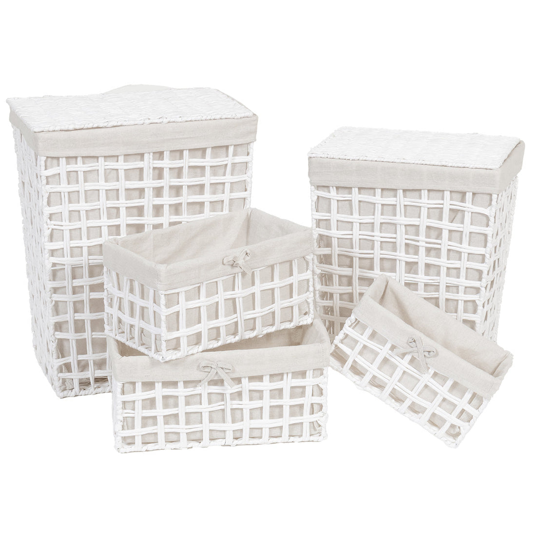Set de 5 Coșuri din Hârtie Împletită cu Linii Deschise și Rectangulare - Natural/Țesătură Alb - ramosdecor