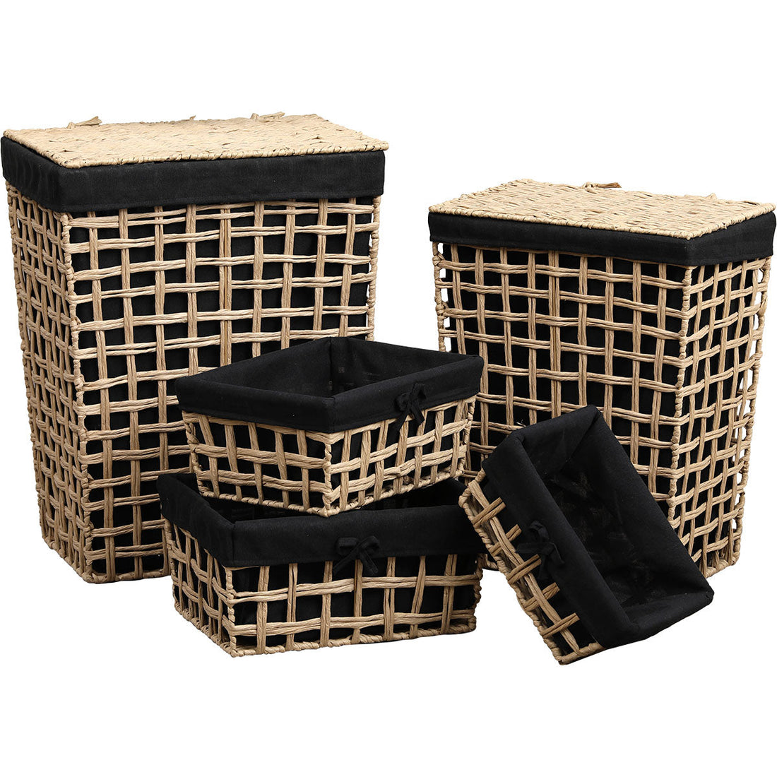 Set de 5 Coșuri din Hârtie Împletită cu Linii Deschise și Rectangulare - Natural/Țesătură Neagră - ramosdecor