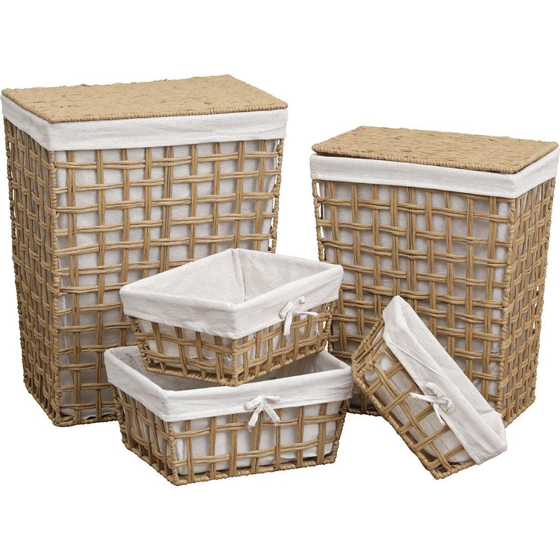 Set de 5 Coșuri din Hârtie Împletită cu Linii Deschise și Rectangulare - Natural/Țesătură - ramosdecor