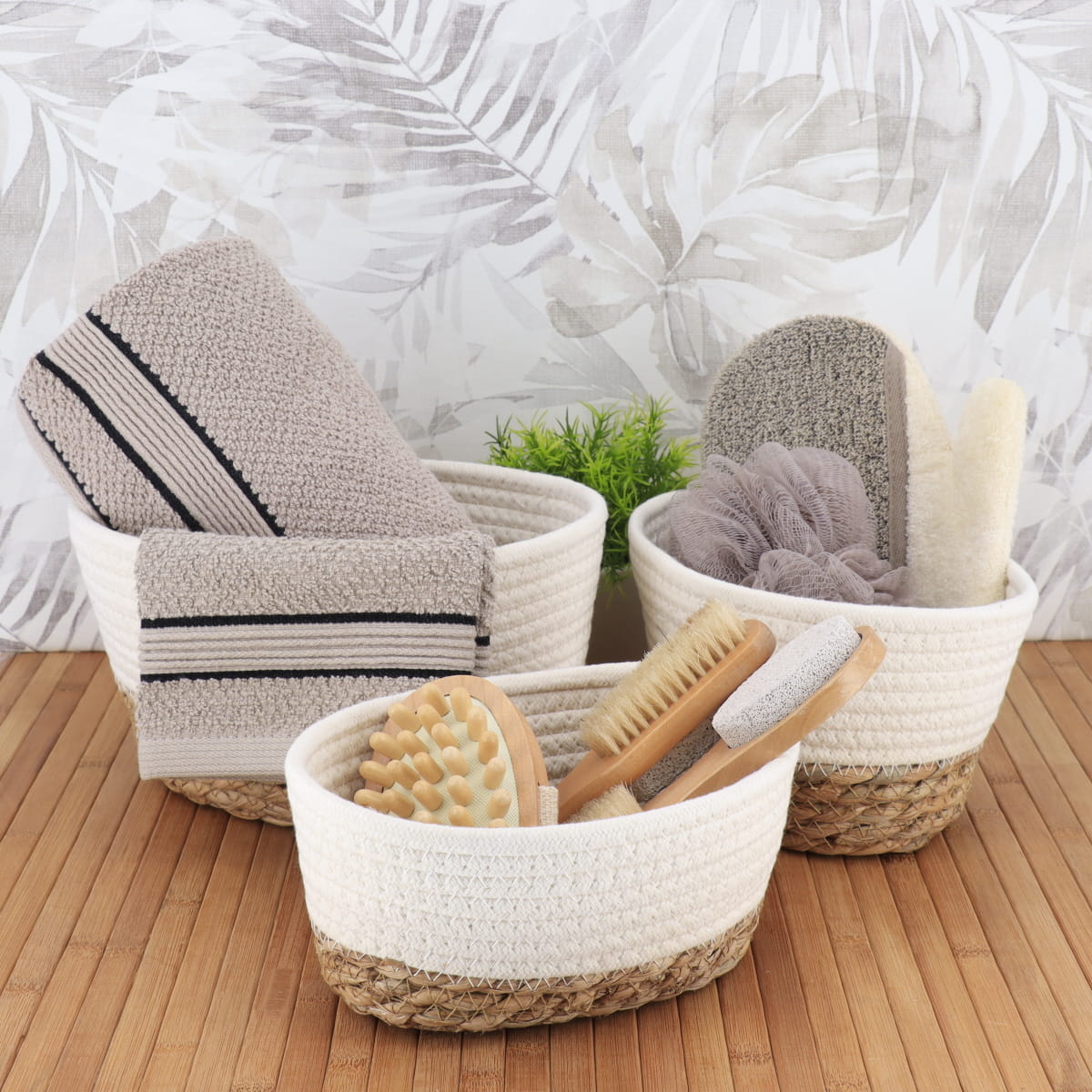 Set de 3 Coșuri Dreptunghiulare - Alb/Natural - ramosdecor