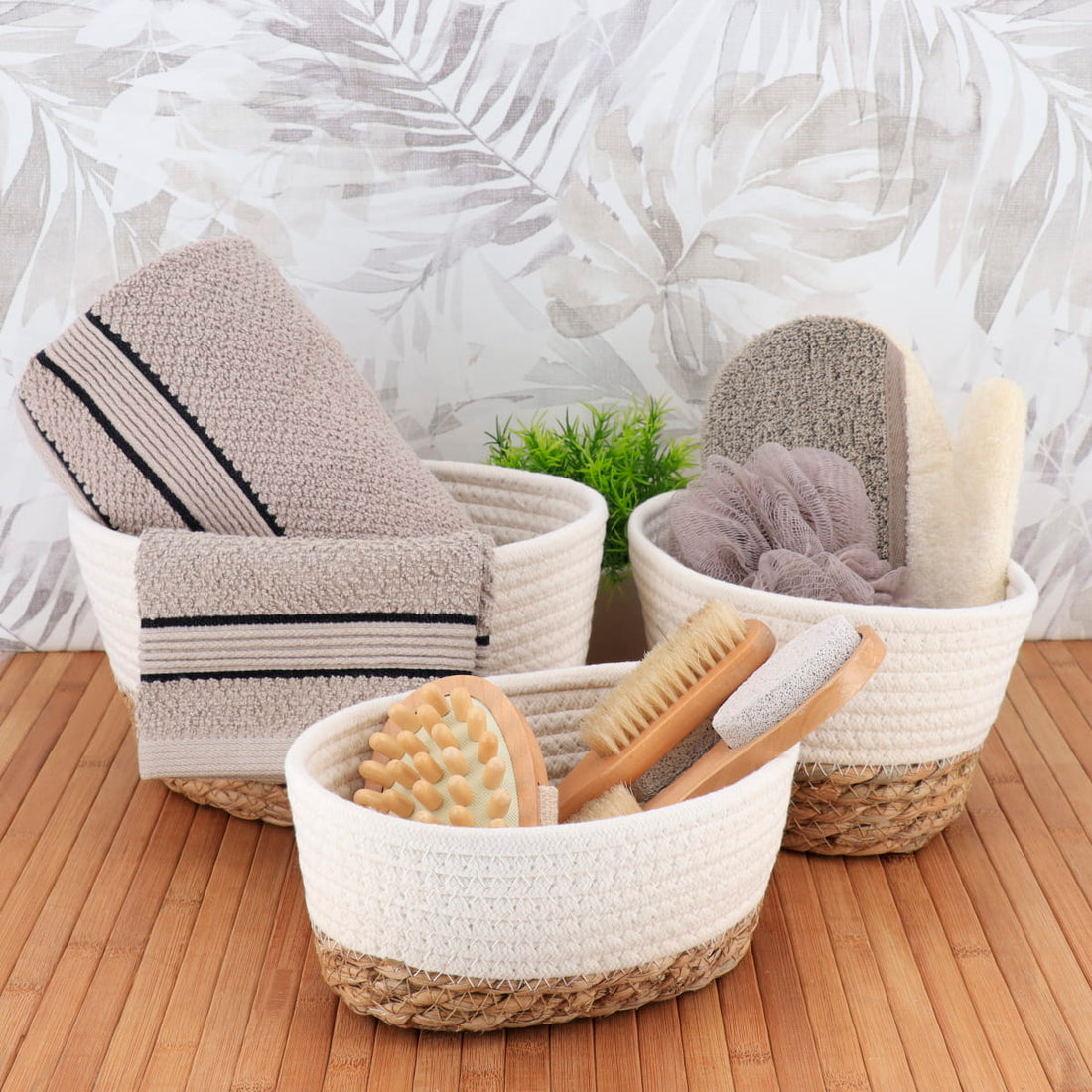 Set de 3 Coșuri Dreptunghiulare - Alb/Natural - ramosdecor