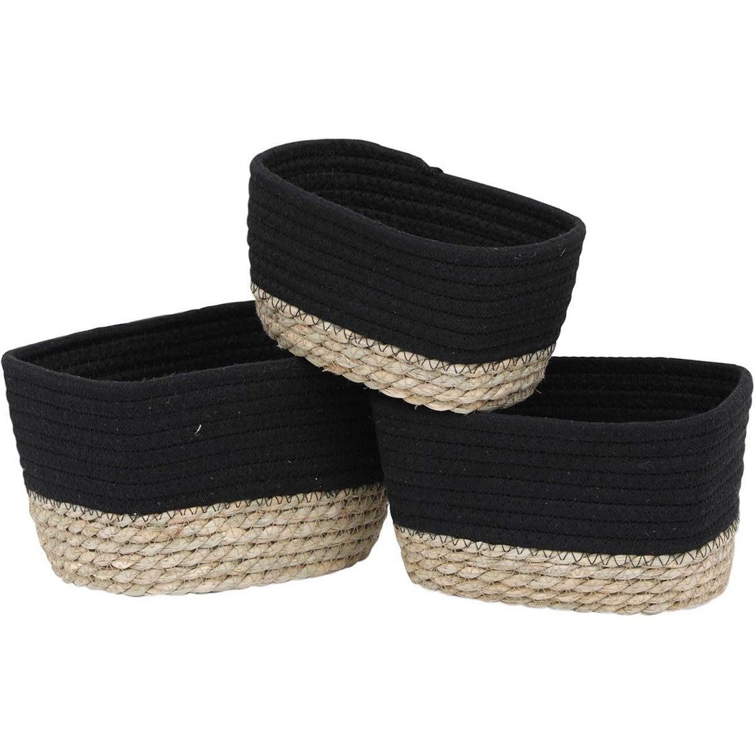 Set de 3 Coșuri Dreptunghiulare din Bumbac/Iarbă de Mare - Negru/Natural - ramosdecor
