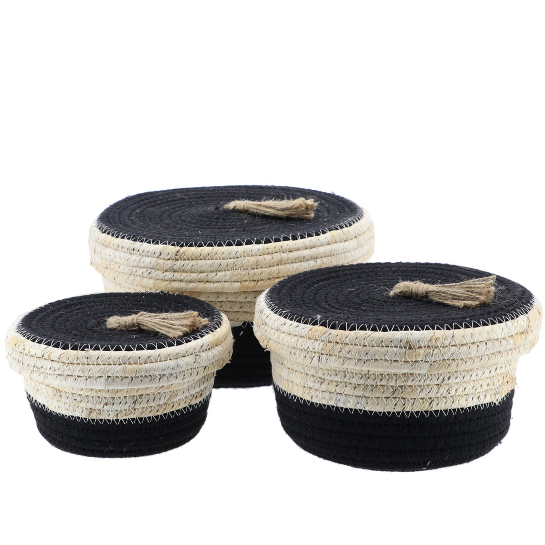 Set de 3 Coșuri din Bumbac și Frunze de Porumb - Natural/Negru - ramosdecor