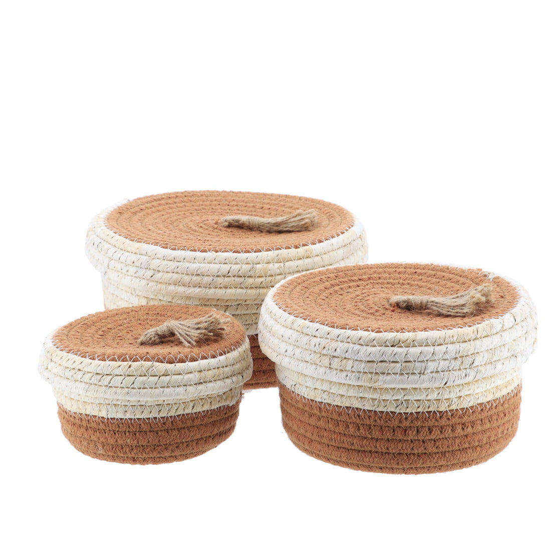 Set de 3 Coșuri din Bumbac și Frunze de Porumb - Natural/Caramel - ramosdecor