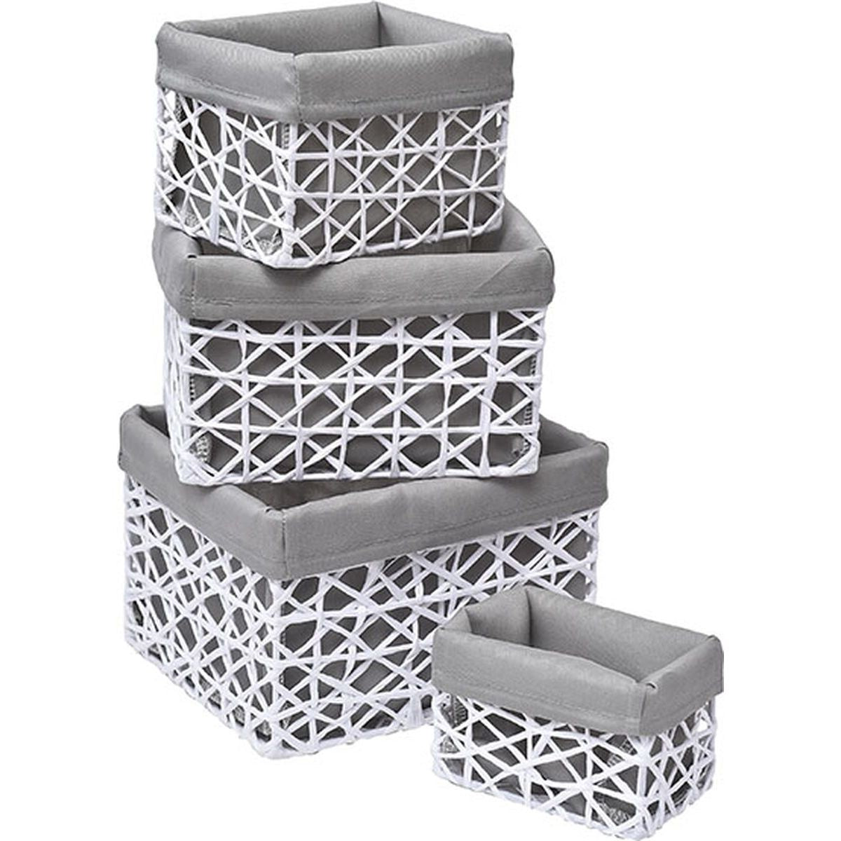 Set de 4 Coșuri din Hârtie - Alb/Gri cu Țesătură - ramosdecor