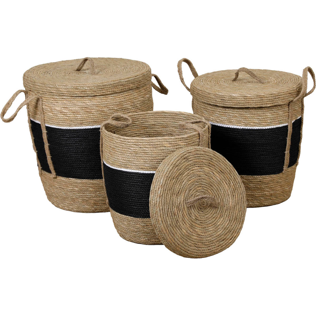 Set de 3 Coșuri Pentru Rufe cu Capac din Hârtie și Paie - Natural/Negru - ramosdecor