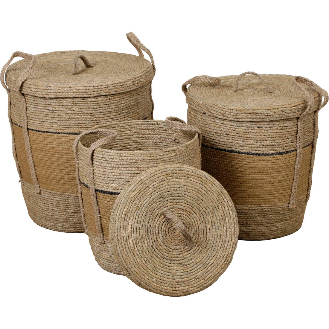 Set de 3 Coșuri Pentru Rufe cu Capac din Hârtie și Paie - Ochre/Negru - ramosdecor