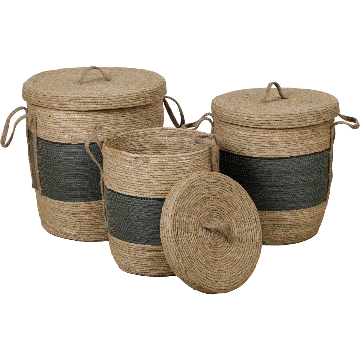 Set de 3 Coșuri Pentru Rufe cu Capac din Hârtie și Paie - Khaki/Negru - ramosdecor